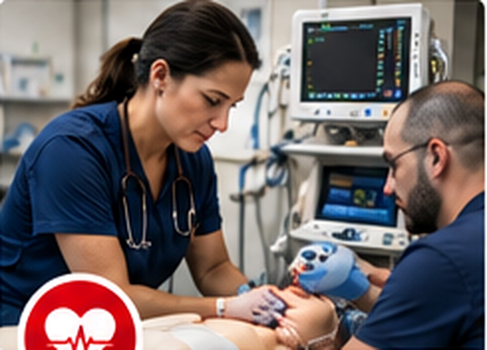 BLS healthcare provider training with a patient manikin and monitor