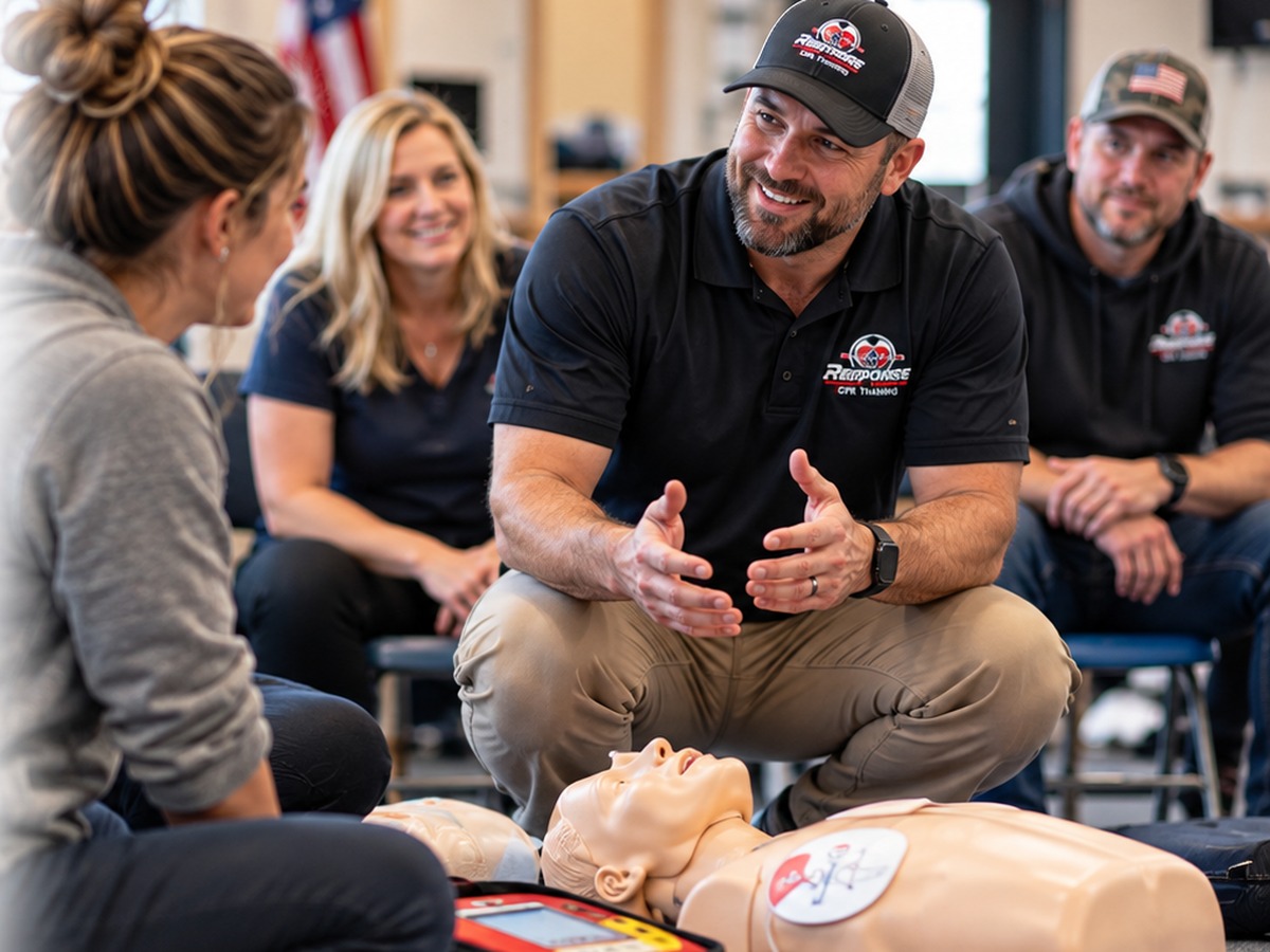 Instructor speaking with adult learners during a CPR training class